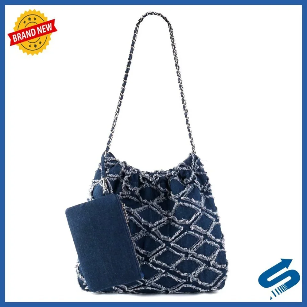 Large Quilted Denim Tote Bag with Chain Strap and Wallet